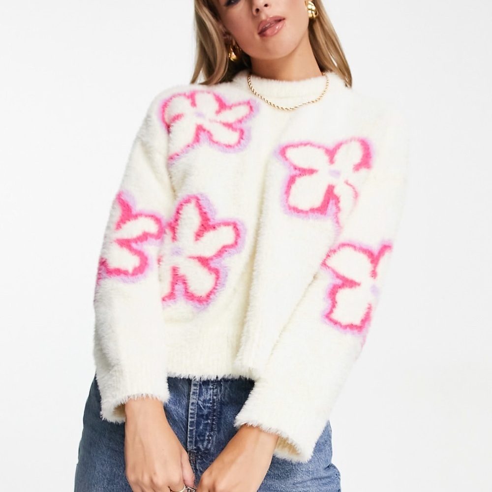 Bershka Fluffy Floral Logo Sweater in White